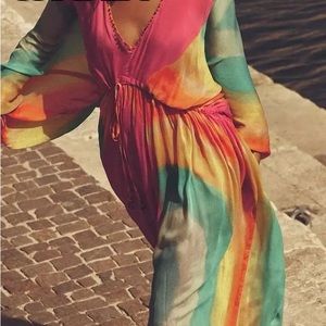 Rainbow Chiffon Flowing Beaded Maxi In Gorgeous Print With Beaded Tie Belt